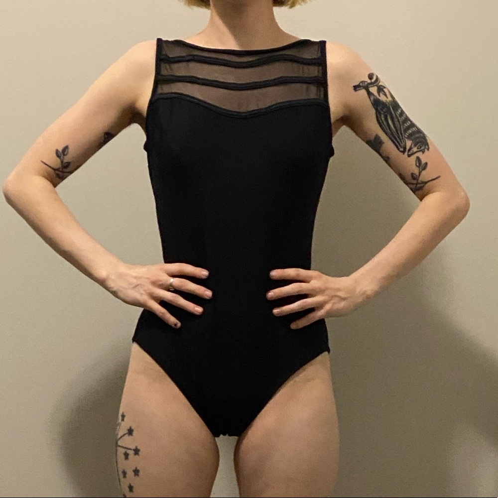 Vintage black one piece swimsuit with mesh detail